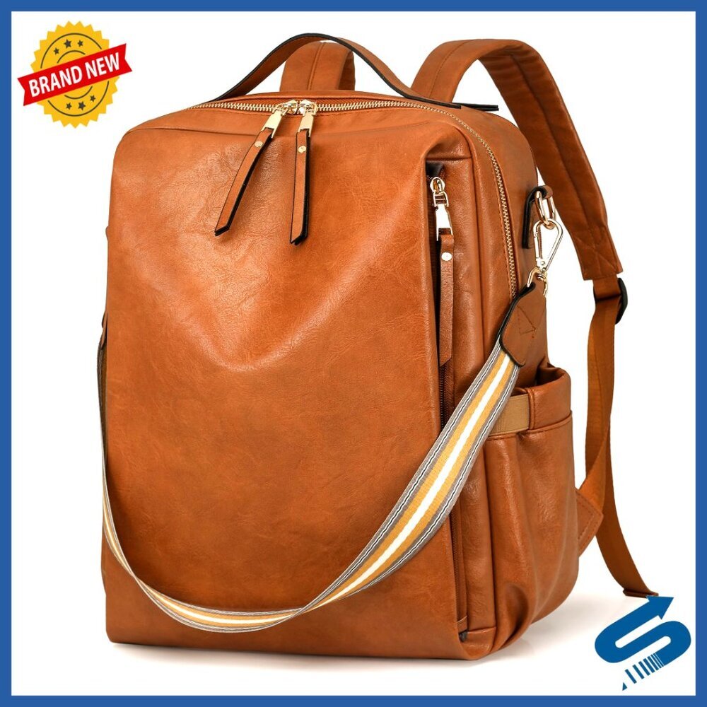Leather Travel Backpack with 15.6 Inch Laptop Compartment Work Computer Bag